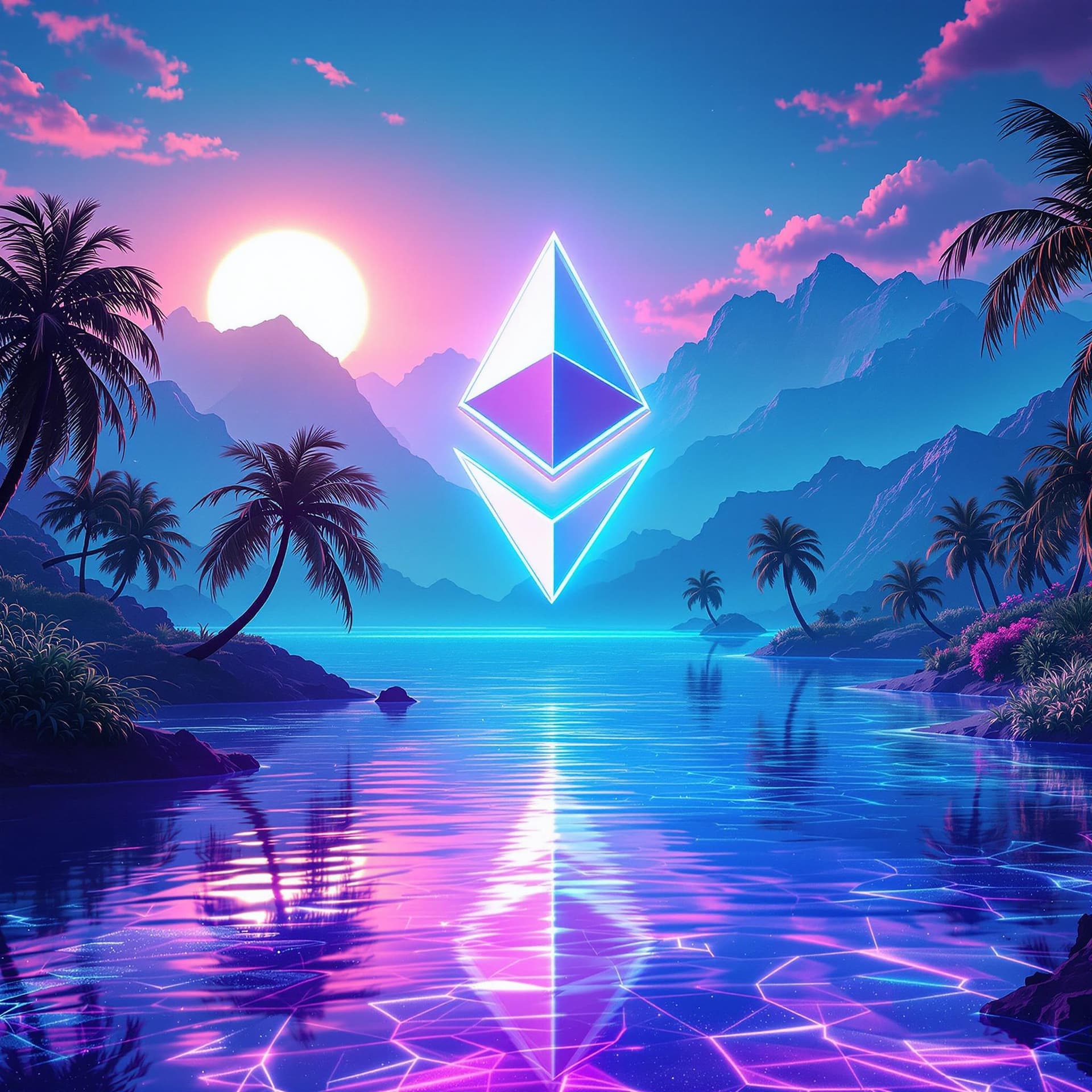 AI generated: A floating Ethereum logo above a glowing vaporwave lake surrounded by crystalline palm trees, the ho...