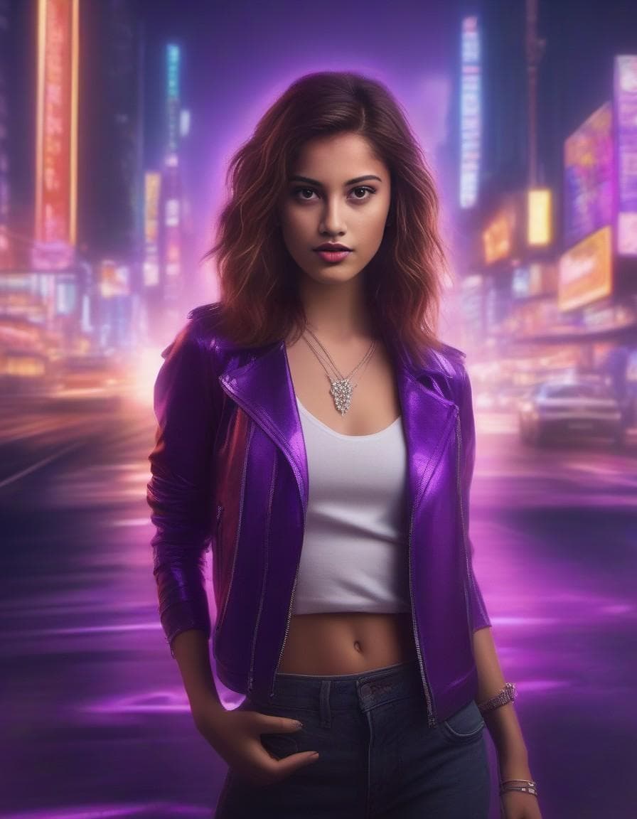 AI generated: a girl in a purple top in a neon city, in the style of chinapunk, iconic album covers, soft-focus po...