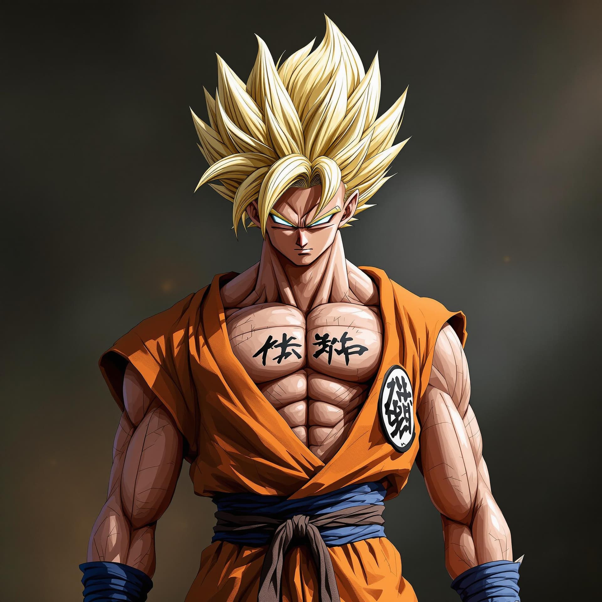 AI generated: Dragonball songoku god form with with his training uniform writen on the chest "VasilisBS"

