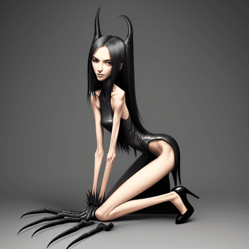 AI generated: very skinny slender girl, with long curved claws, skinny legs and long skinny calves in high heels a...