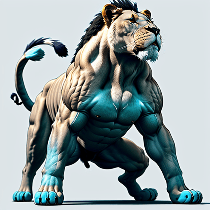 AI generated: full body animal photo. baby-blue background. proud stance. looking to the left. head of a male lion...