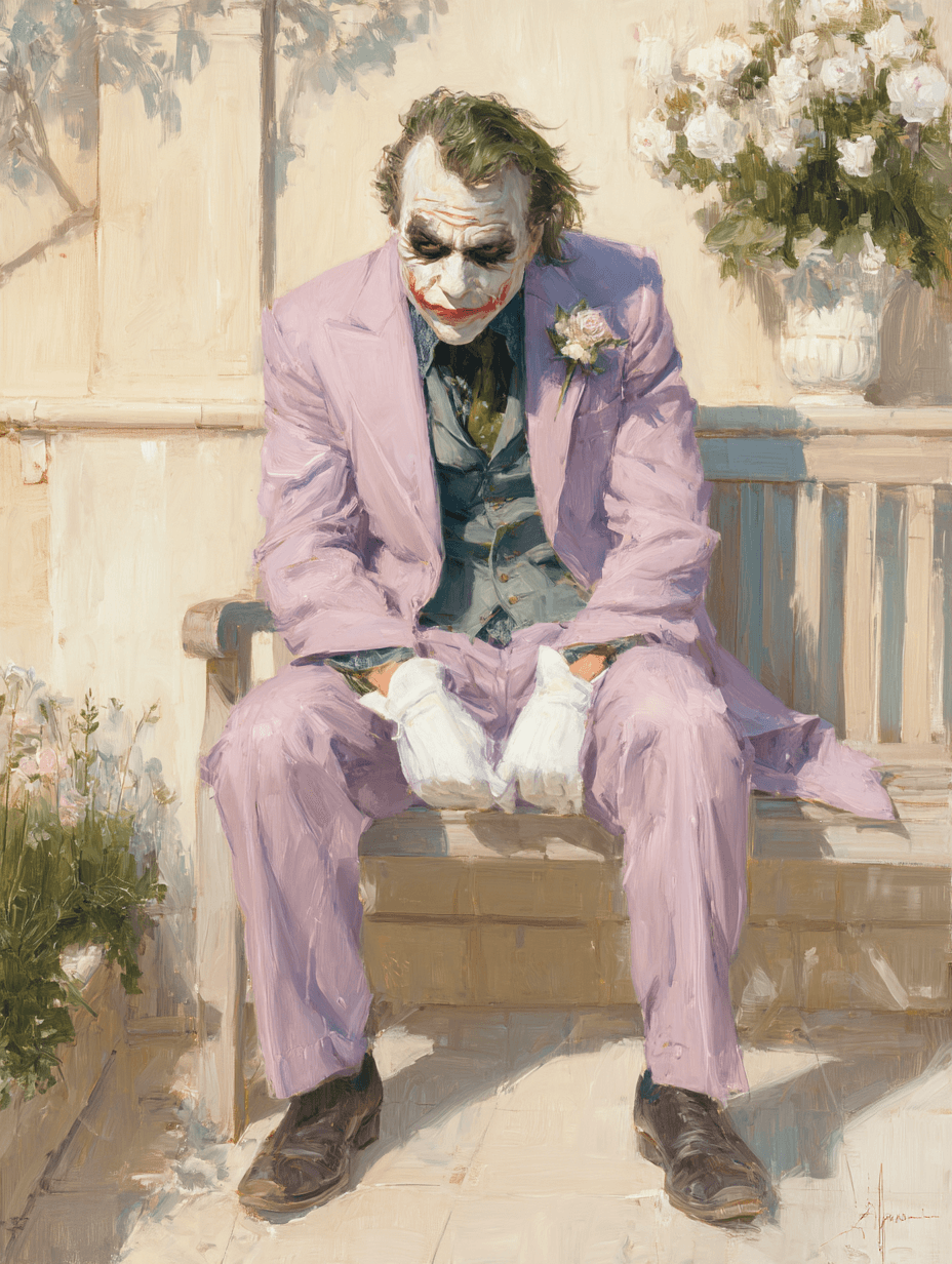 AI generated: portrait of the Joker, middle-aged, Caucasian male, seated on a light beige wooden bench in a sun-dr...