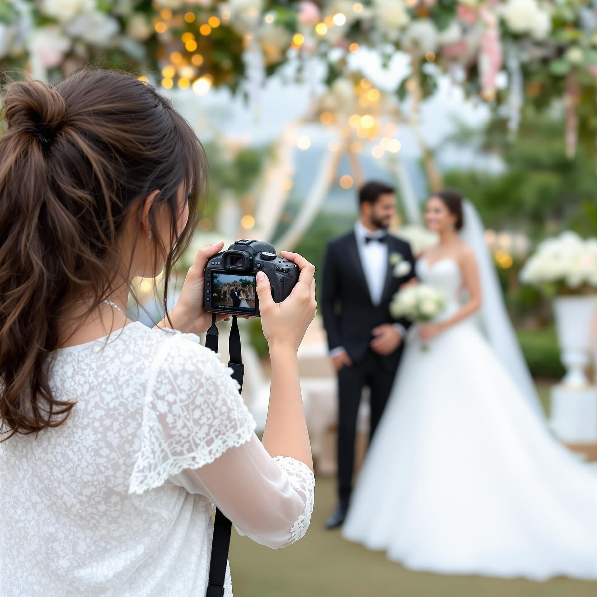 AI generated: Create an image featuring a lady photographer taking photos of a bride and groom at a wedding in ker...