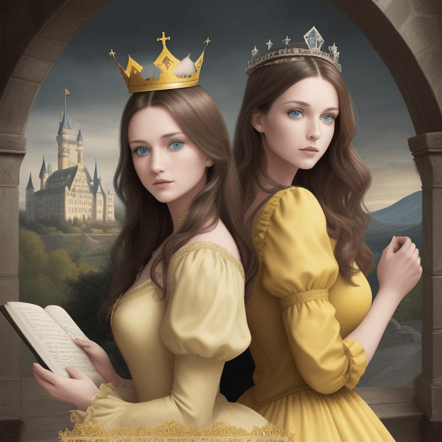 AI generated: 
this is a book cover, it shows a castle, yellow color. That woman with blue eyes, brunette. The wom...