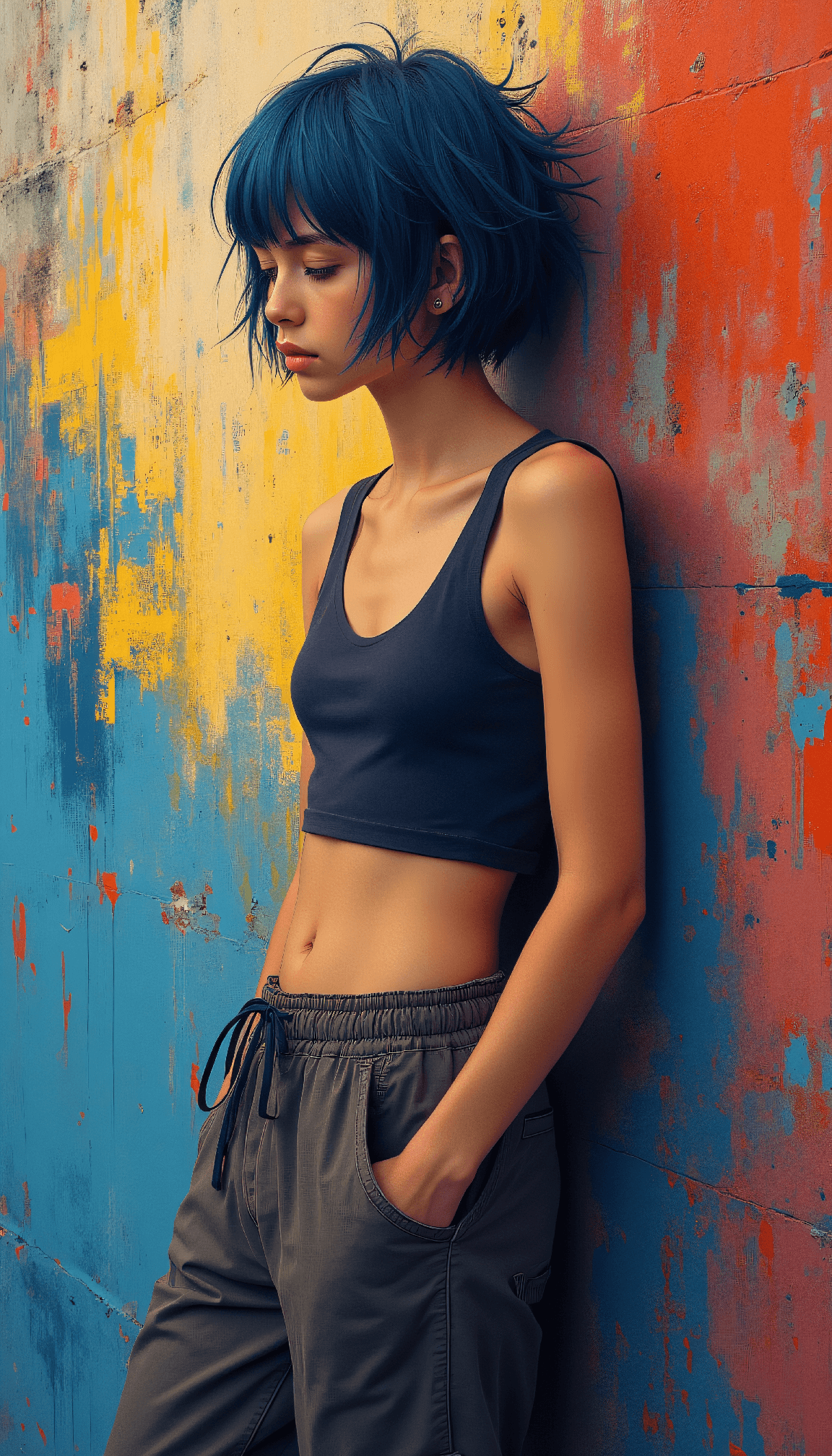 AI generated: art painting Fit 24-year-old with short spiky midnight blue hair, one-shoulder crop top, relaxed car...