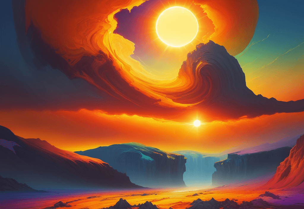 AI generated: painting of a a damaged landscape with a big sun in the sky, vibrant digital painting, dreamlike dig...