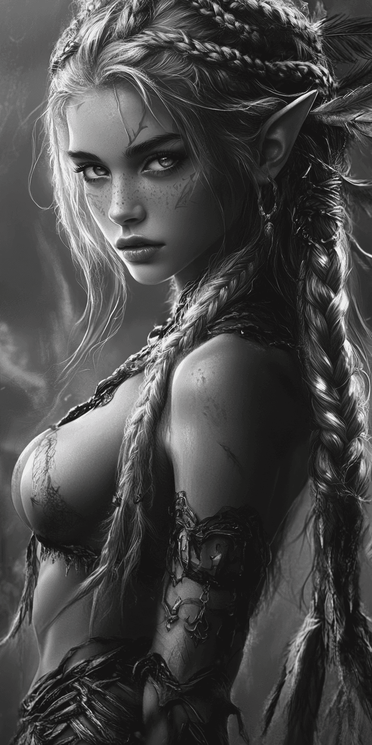 AI generated: A striking black and white portrait of a young elven female warrior with intricately braided hair. H...