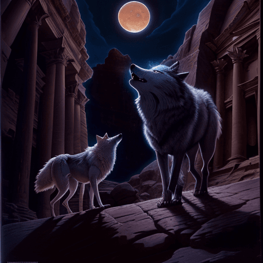 AI generated: Wolf howling in Treasury in Petra Jordan, magical moonlit background, 8k, high detail Don Maitz, Tod...