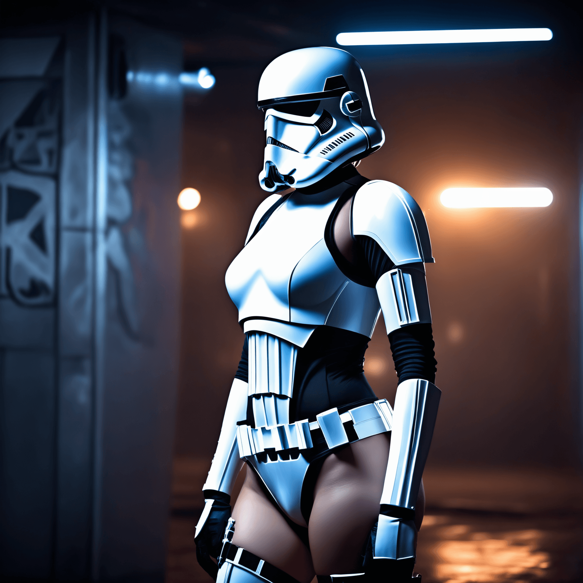 AI generated: female dressed as storm trooper, lingerie, starship background, (((full body visible))), erotic, sex...