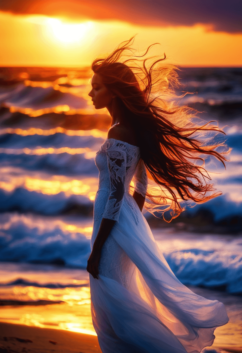 AI generated: woman, wearing glowing thin sheer flowing white fabric blowing in the wind, dark auburn hair, long h...