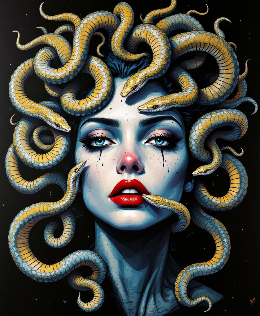 AI generated: painting of Medusa with snakes, in graffiti style on her face, flat perspective, high contrast, dark...