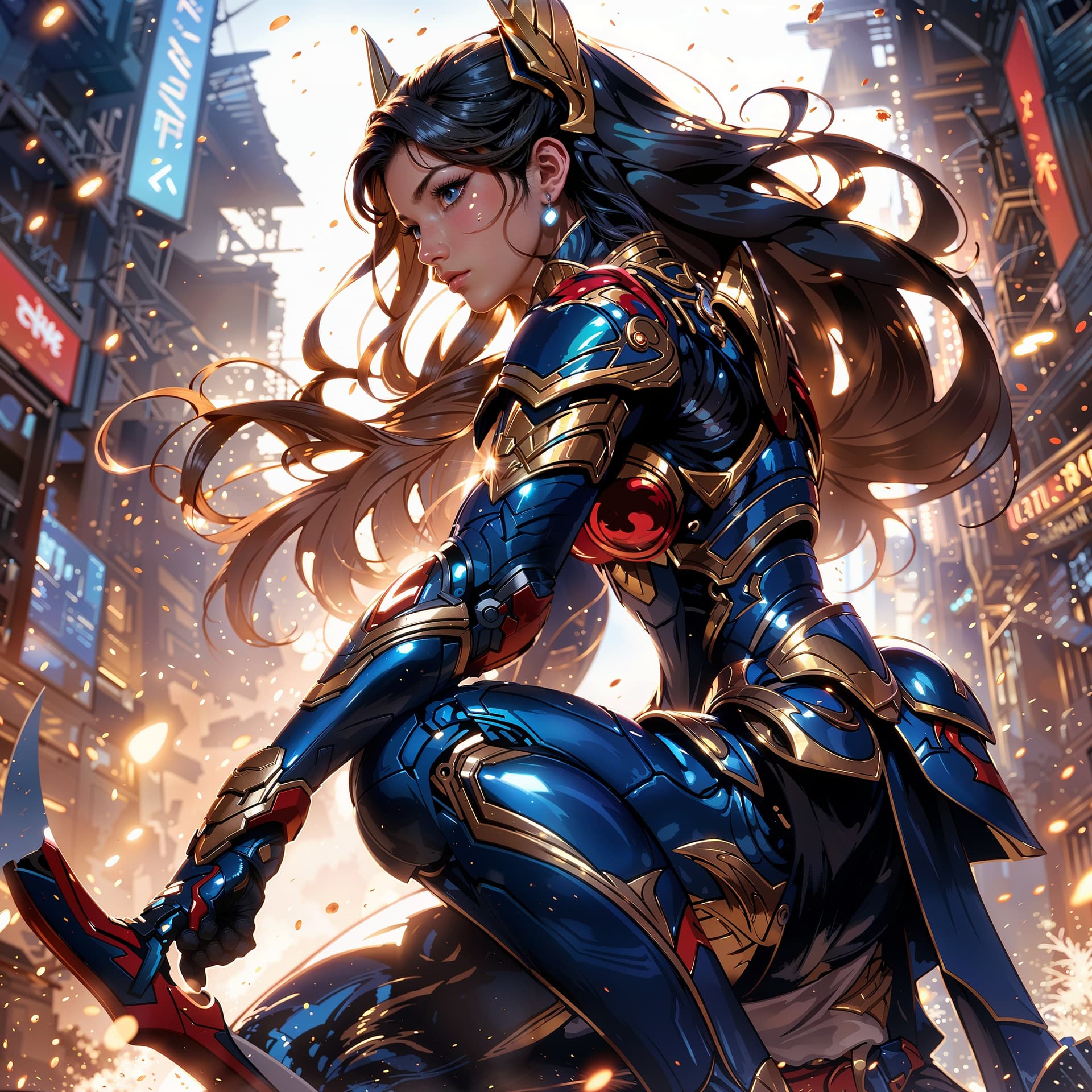 AI generated: Shirara, a fierce warrior with flowing long hair and blunt bangs, kneels in a dynamic pose, one side...