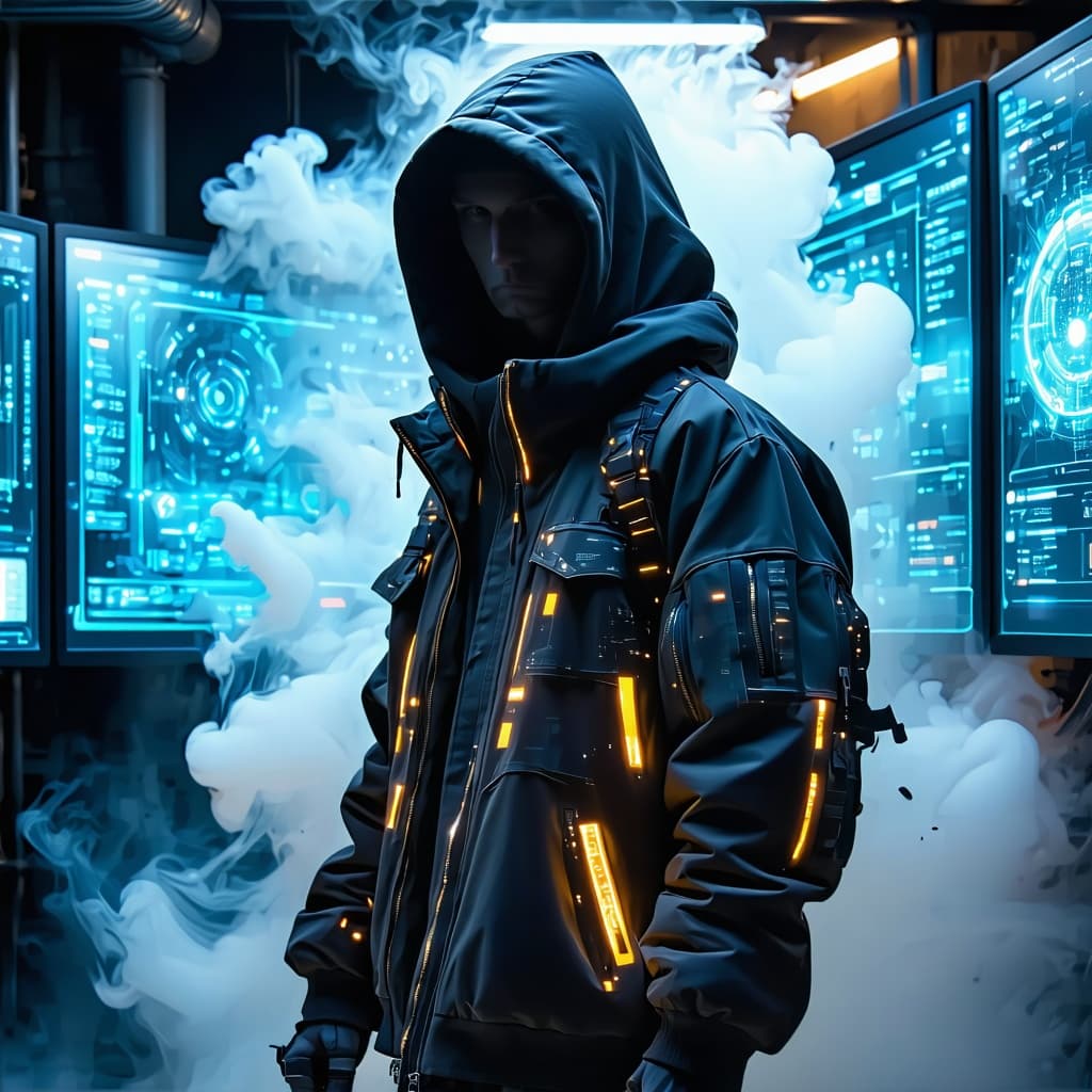 AI generated: Hacker Loft Half-Body
half-body pose, techwear jacket with luminous seams, holo-screens and kanji U...