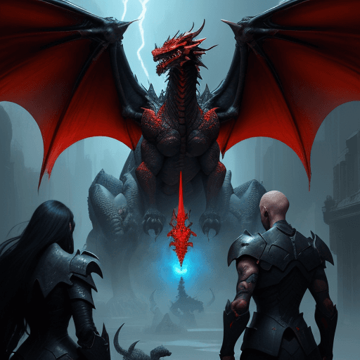 AI generated: two people are standing under a dragon watching other skulls, in the style of concept art, light sky...