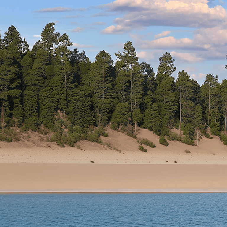 AI generated: oil on canvas,
sparse clouds in a soaring sky, 
beach, trees
beautiful setting, early evening, foreg...