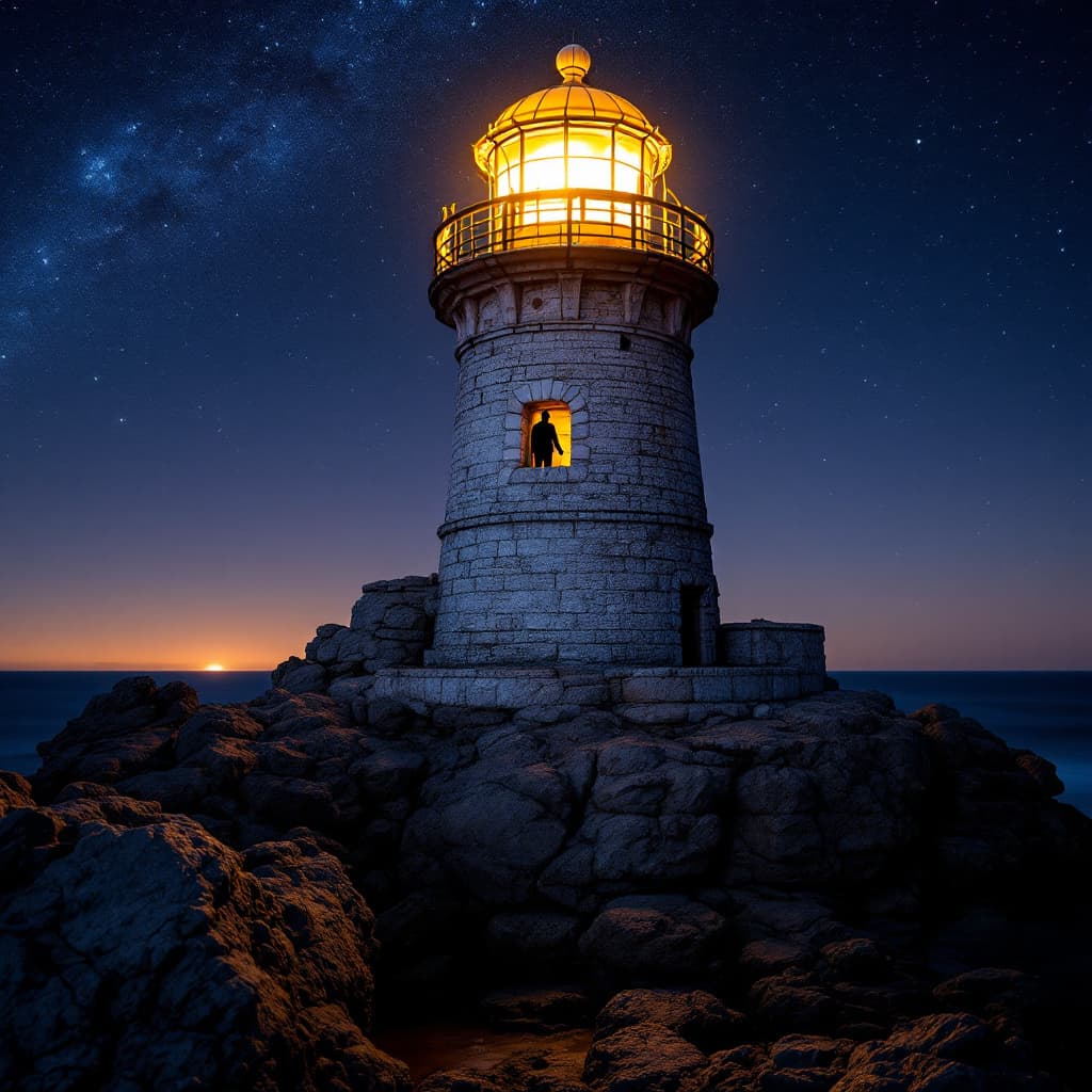 AI generated: Imagen de un faro en la costa norte de Francia, la costa es rocosa, el cielo está estrellado porque ...