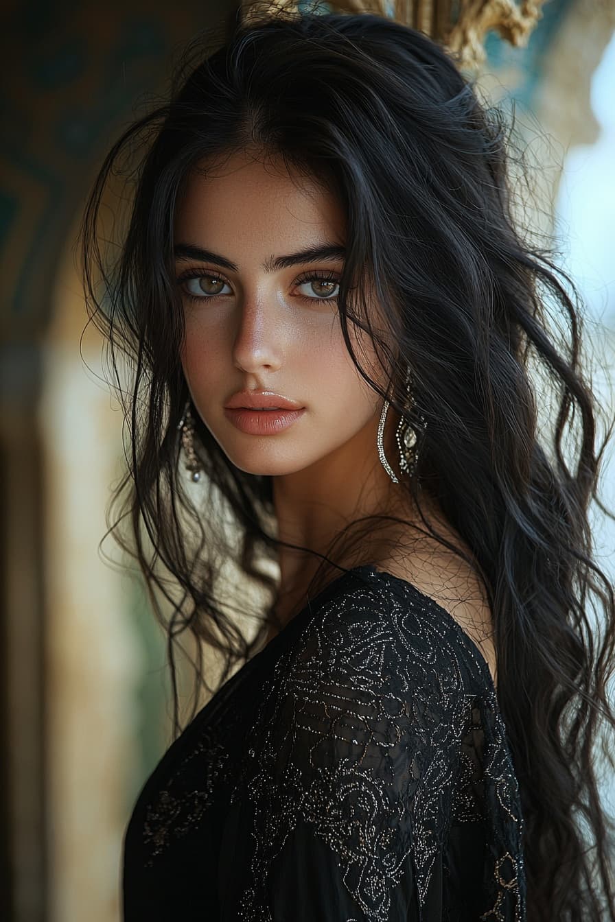 AI generated: Breathtakingly beautiful Middle Eastern woman in flowing black traditional clothing with no gold, ad...