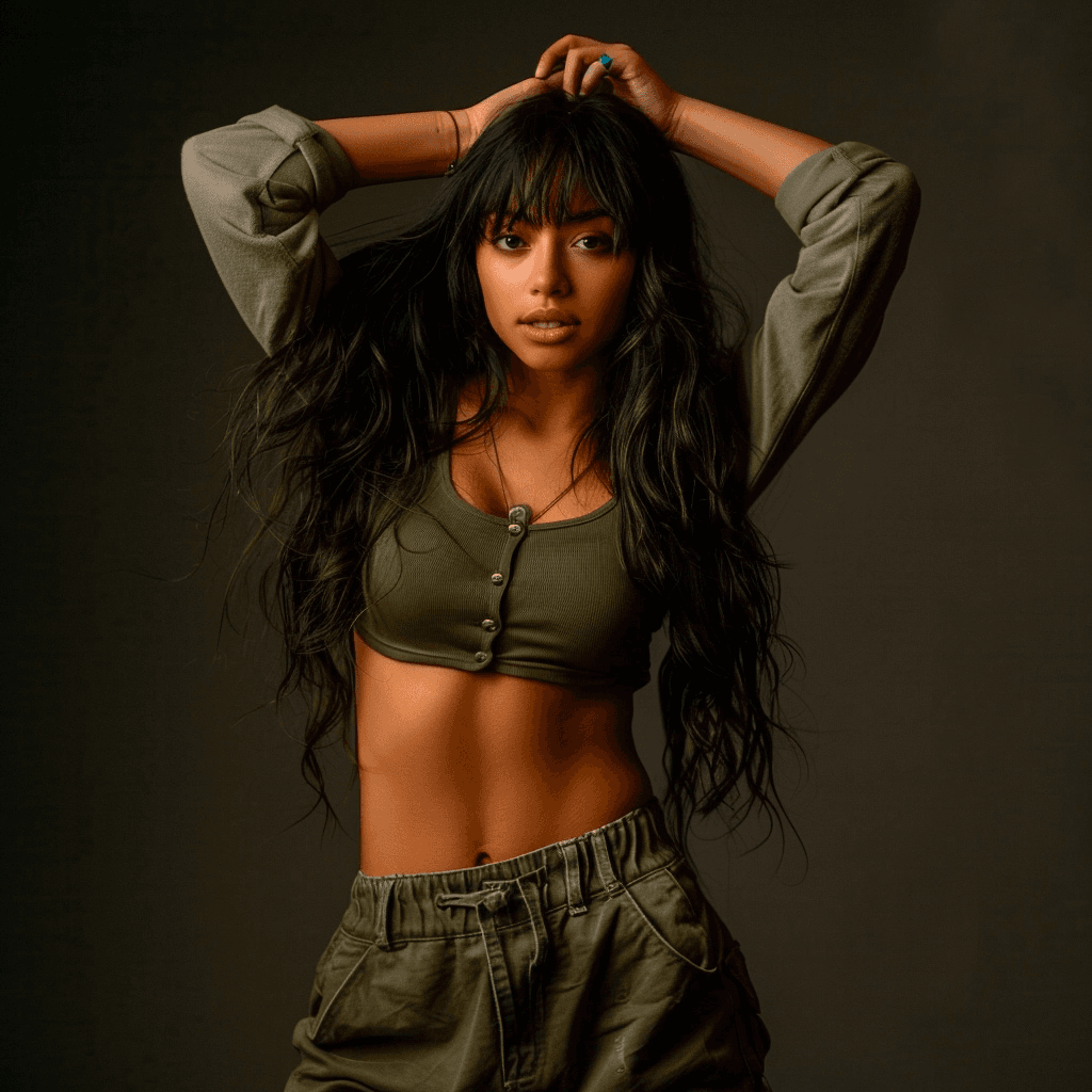 AI generated: full portrait of a stunning female tiktok shuffle dancer, baggy pants, long sleeved top, looking at ...