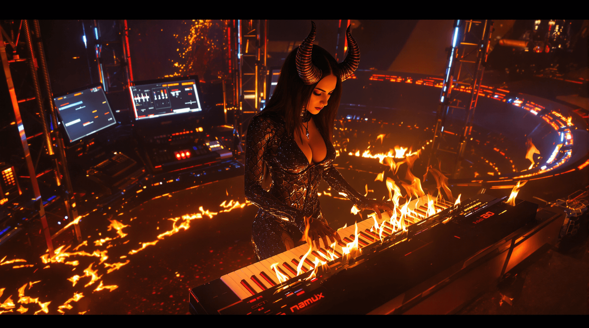 AI generated: High-angle shot of a female red demon character, bathed in warm, golden light, reminiscent of Zdzisł...