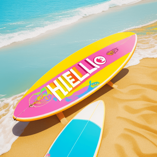 AI generated: A vibrant and colorful summer scene with a surfboard featuring the playful text "HELLO SUMMER" writt...