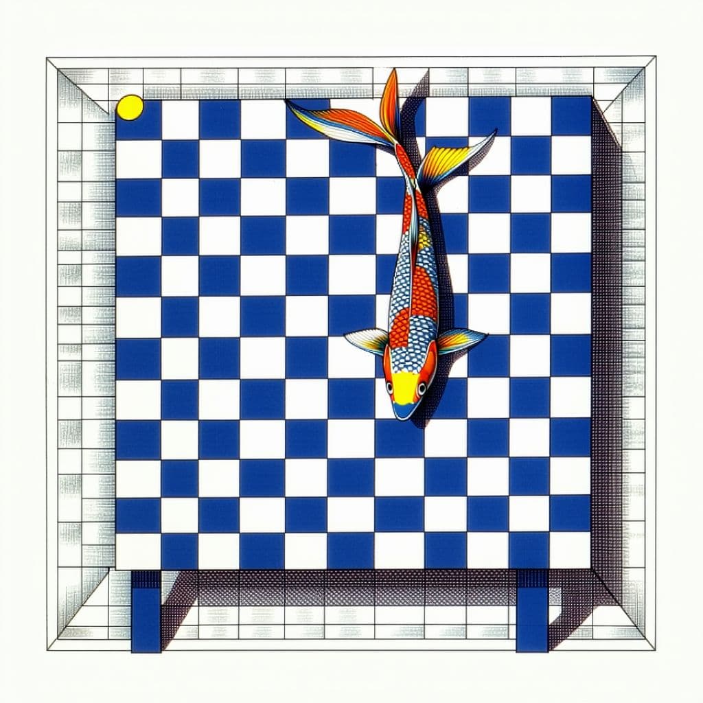 AI generated: draw a checkerboard patterned tablecloth on a square table drawn in the fashion of Escher, with the ...