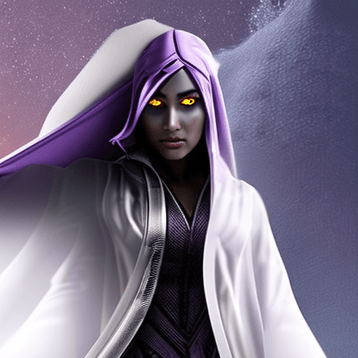 AI generated: depiction of a female drow, dnd , elf , purple eyes, black gown, hooded cloak (white hair:1. 1), (da...