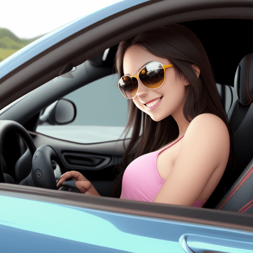 AI generated: cute girl driving sports car, sunglasses, smile