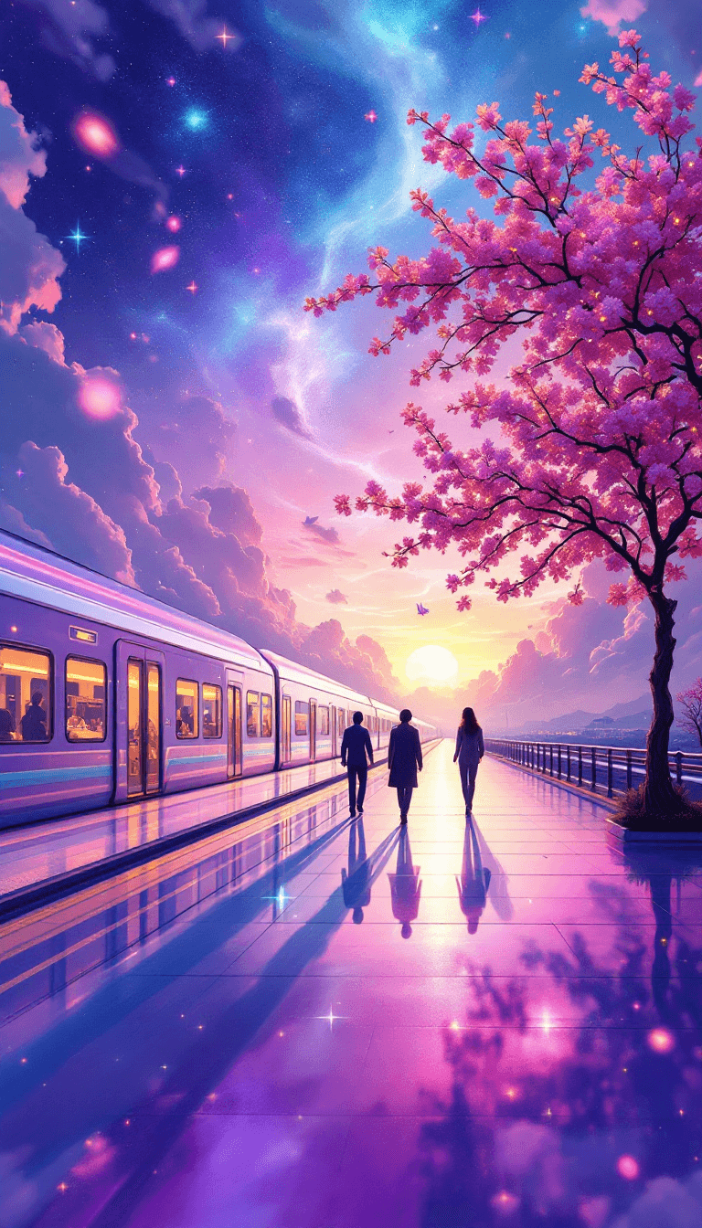AI generated: A vibrant surrealist painting of a futuristic train station at twilight, infused with dreamy, cosmic...