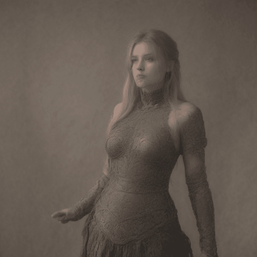 AI generated: A maiden in a Norse inn as the backdrop. Extra long dusty rose tresses, a taut body with chiseled ab...