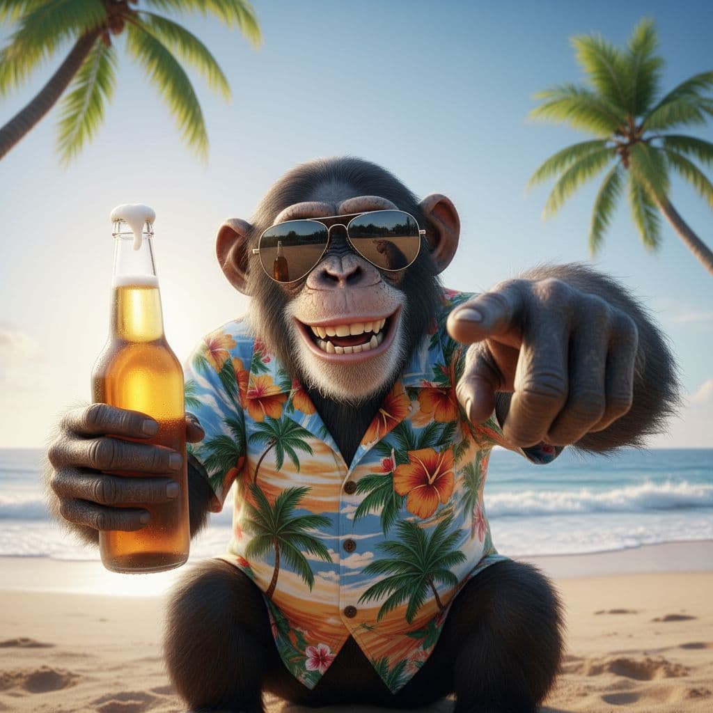 AI generated: A smiley monkey with dark glasses and a beer in hand pointing towards the camera