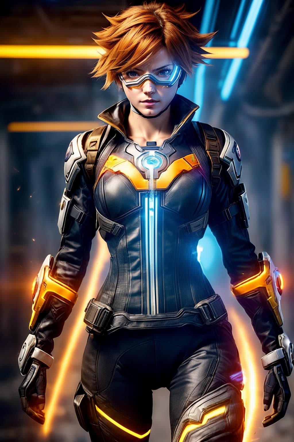 AI generated: action packed, Photography, (Tracer from Overwatch:1.2), full-length, realistic, (cheerful, energeti...