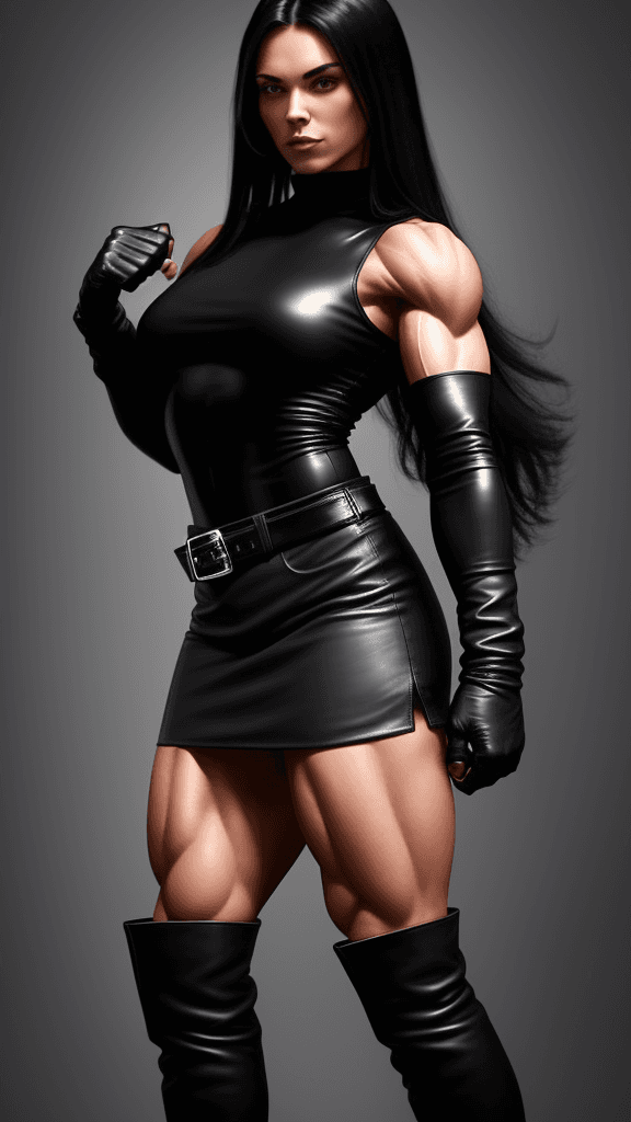 AI generated: 20 year old strong muscular woman, toned biceps, long black hair, wears black Leather skirt, black L...