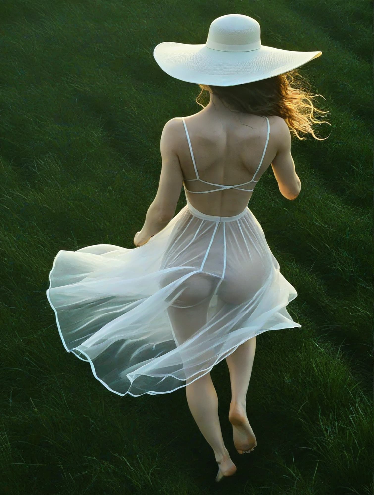 AI generated: Wide view from avobe, a beautiful woman walking through the field, her feet in the grass, dusk light...