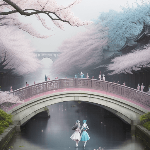 AI generated: two people are walking under a large cherry blossom on the bridge, there are fairies flying in the a...