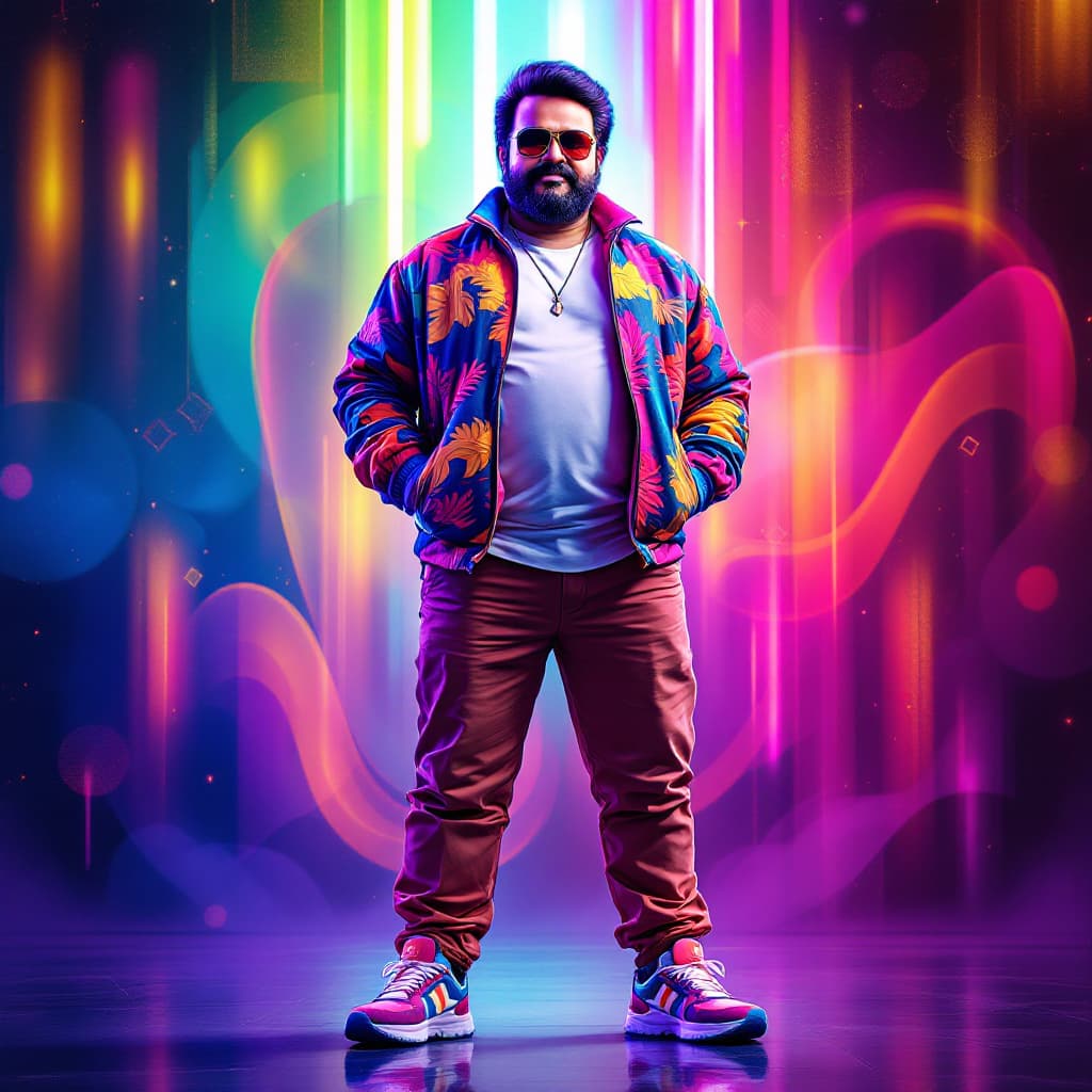 AI generated: A full-body image of Malayalam actor Mohanlal with perfect anatomy, standing in a confident contrapp...
