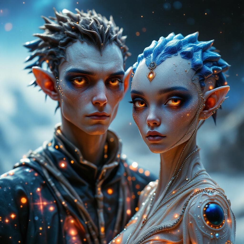 AI generated: Create a unique, flesh, organic, species, Male and Female. Otherworldly human figures with iridescen...