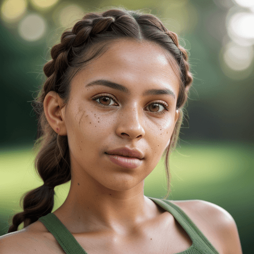 AI generated: hyper realistic waist up selfie portrait of a brazilian woman with short light brown messy braided h...