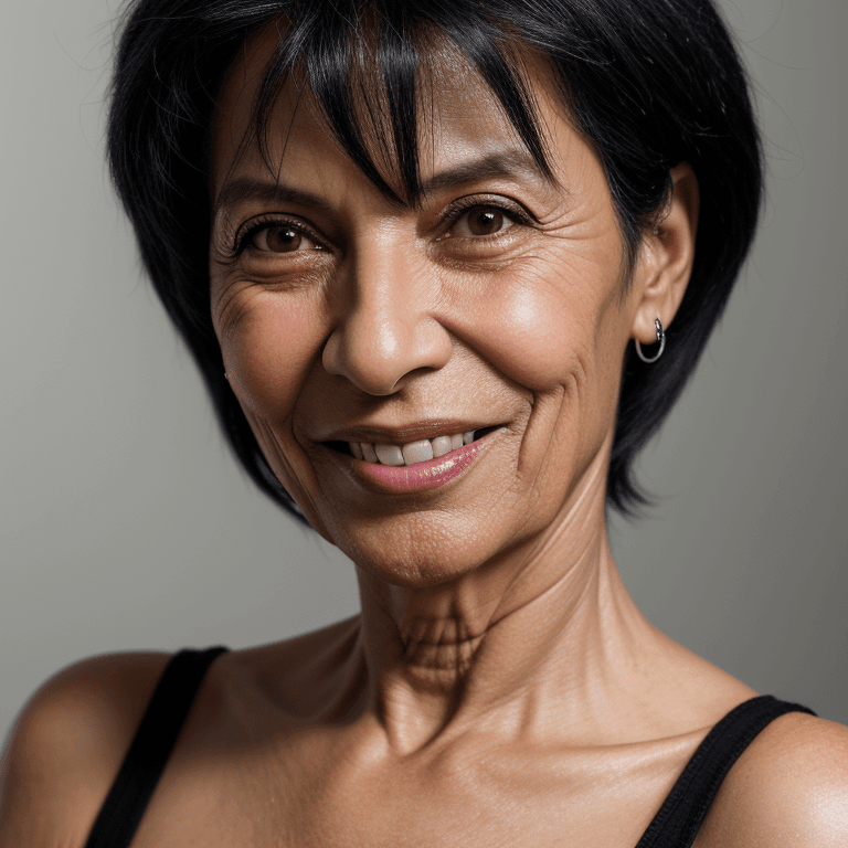 AI generated: hyper realistic headshot photo of a 55 year old brasilian (woman 1.5), black hair, slim, skinny, loo...