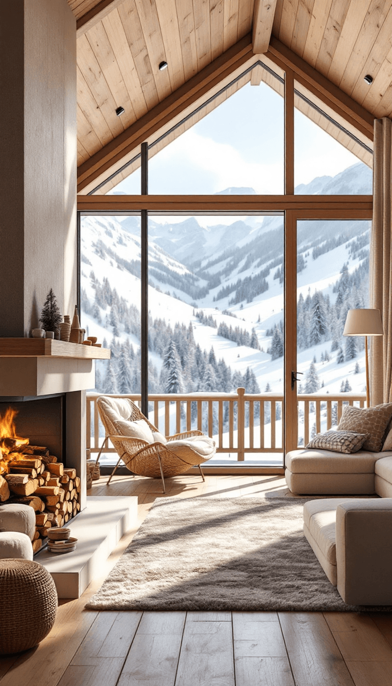 AI generated: a cozy living room in a wooden chalet, big fireplace, stacked firewood, big window with views of ski...