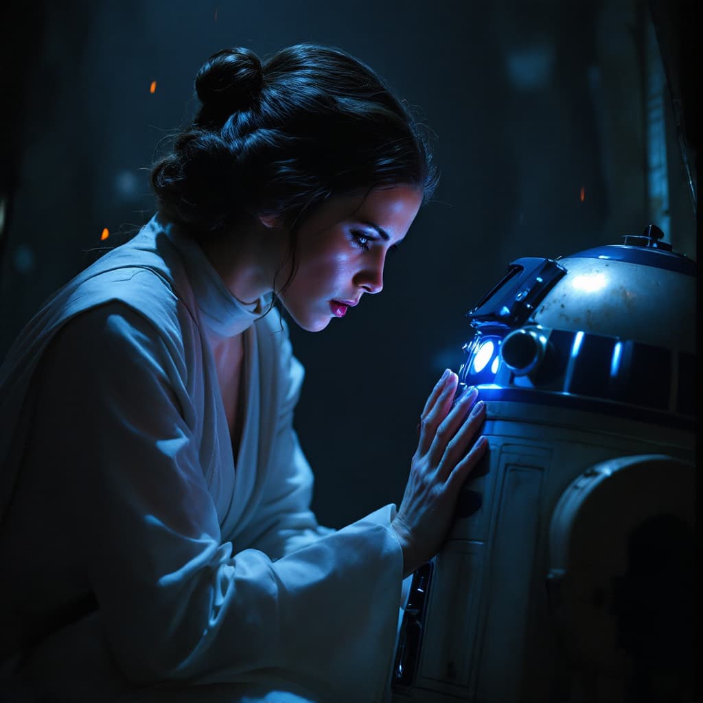 AI generated: "An ultra-detailed, cinematic scene of Princess Leia Organa crouched closely beside R2-D2 in the dar...