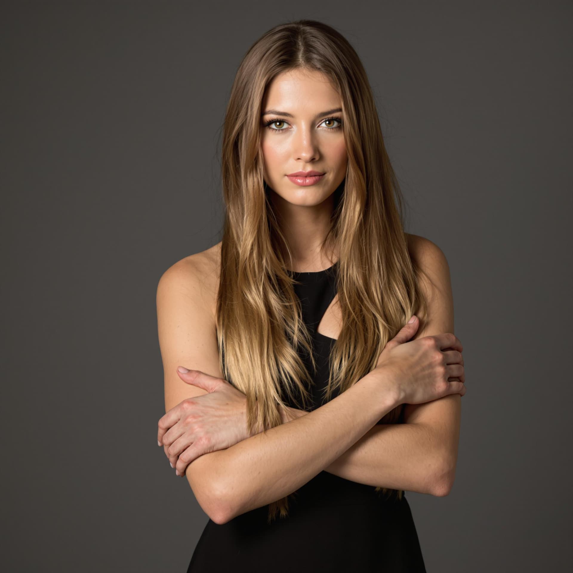 AI generated: A confident woman standing with her face directly to the viewer. Her long straight hair cascades beh...