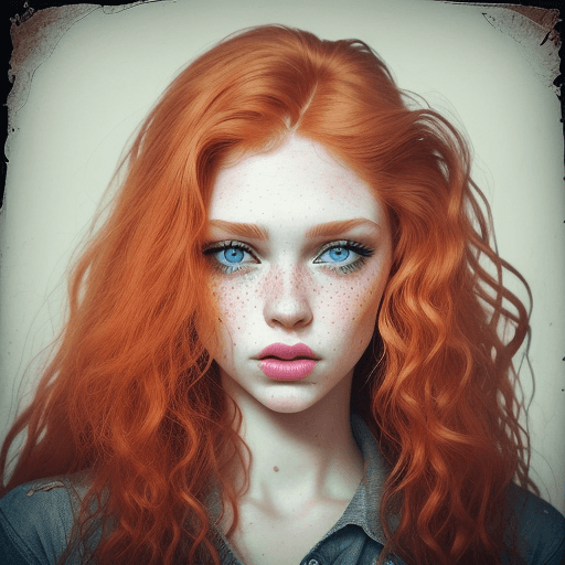 AI generated: grunge style photograph of ginger female instagram model close up, beautiful, long curly hair, notic...