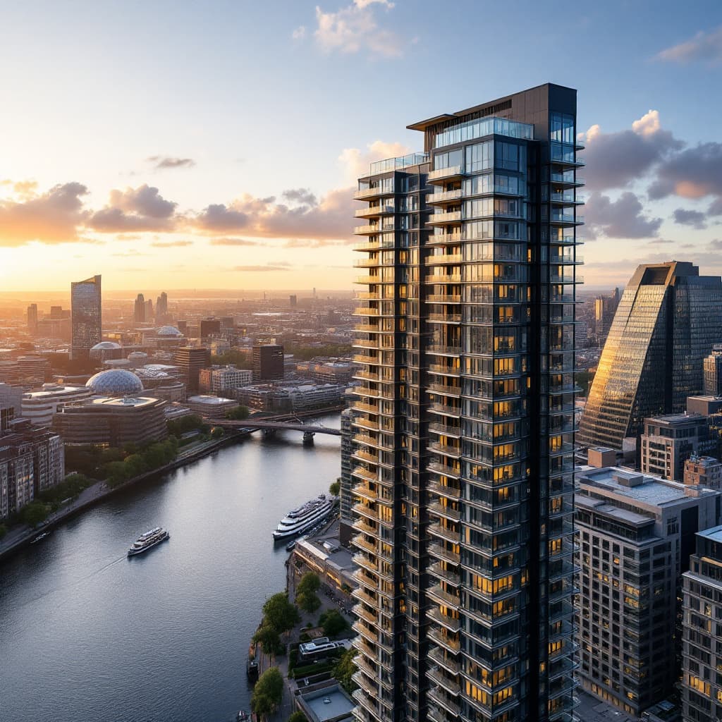 AI generated: Arial view of An aprtment building in London canary wharf in the early morning 
