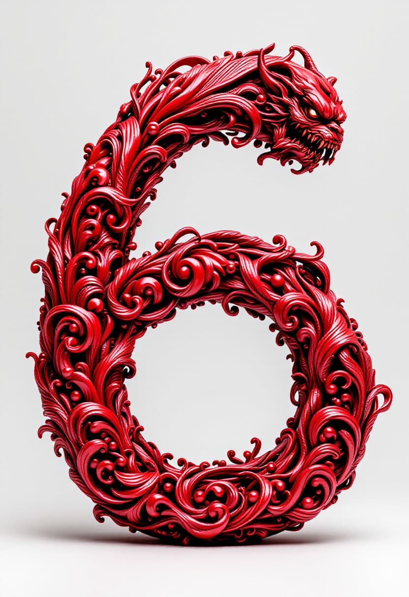 AI generated: the figurine of the number 6 is red in color with curls and a convex pattern of a demon’s face, it l...