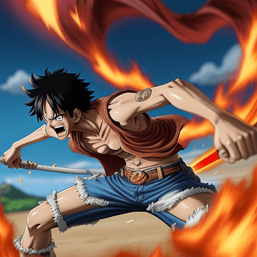 AI generated: Crea una imagen de Luffy de One Piece, con furia luchando contra Kurohige de One Piece por una coron...