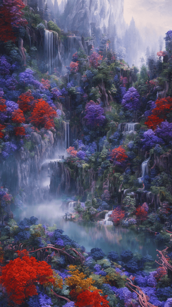 AI generated: summer landscape, Dark Blue purple and red
 color, Bokeh, the waterfall, fog over the lake, insanely...