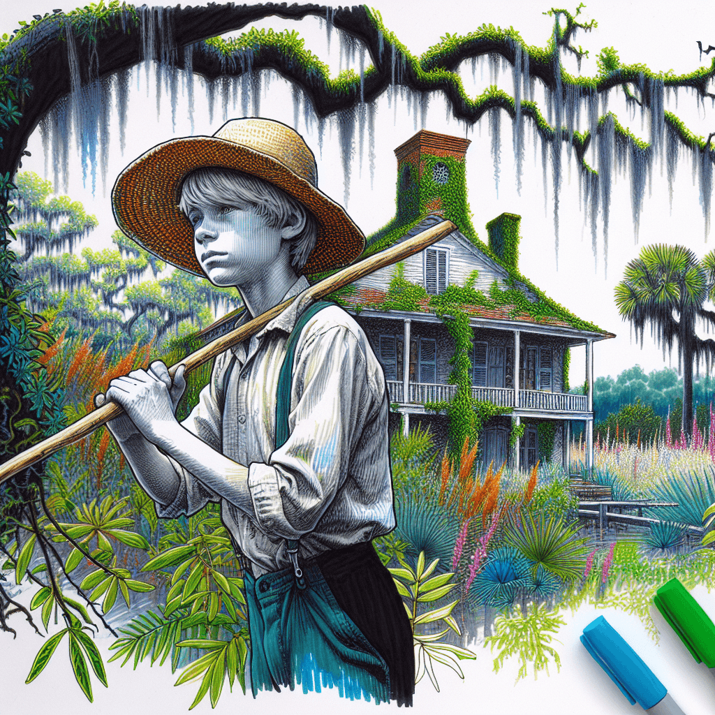 AI generated: southern gothic, a boy walks down a dirt path cane pole over shoulder, plantation house covered with...