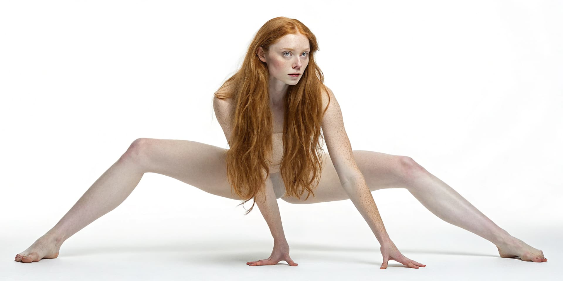 AI generated: "Pale-skinned, long straight redhead woman, early 20s, fully nude, squatting facing camera, legs wid...