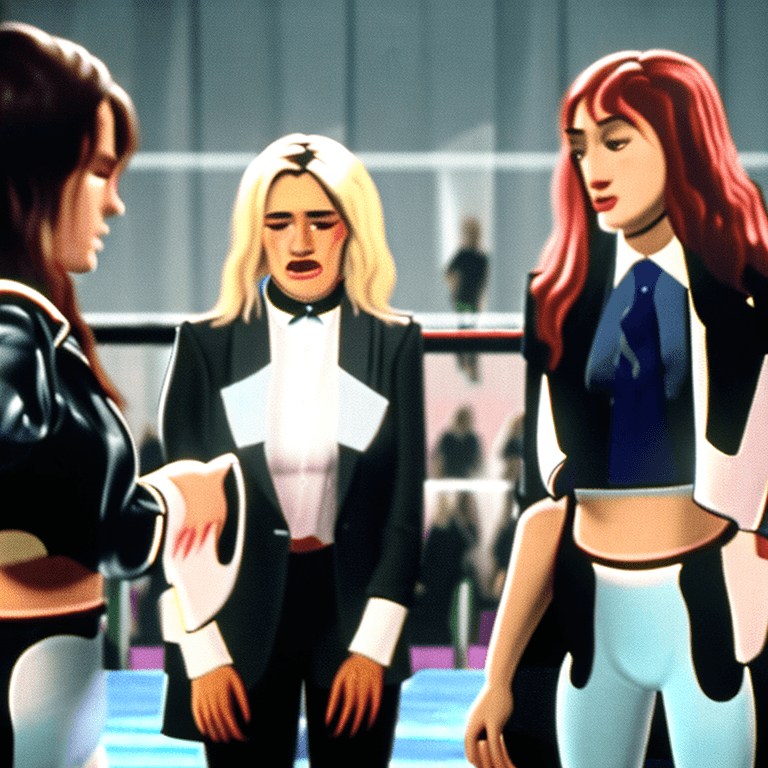 AI generated: TV still of a professional wrestling arena.  A stunning college girl is interviewing a stunning coll...
