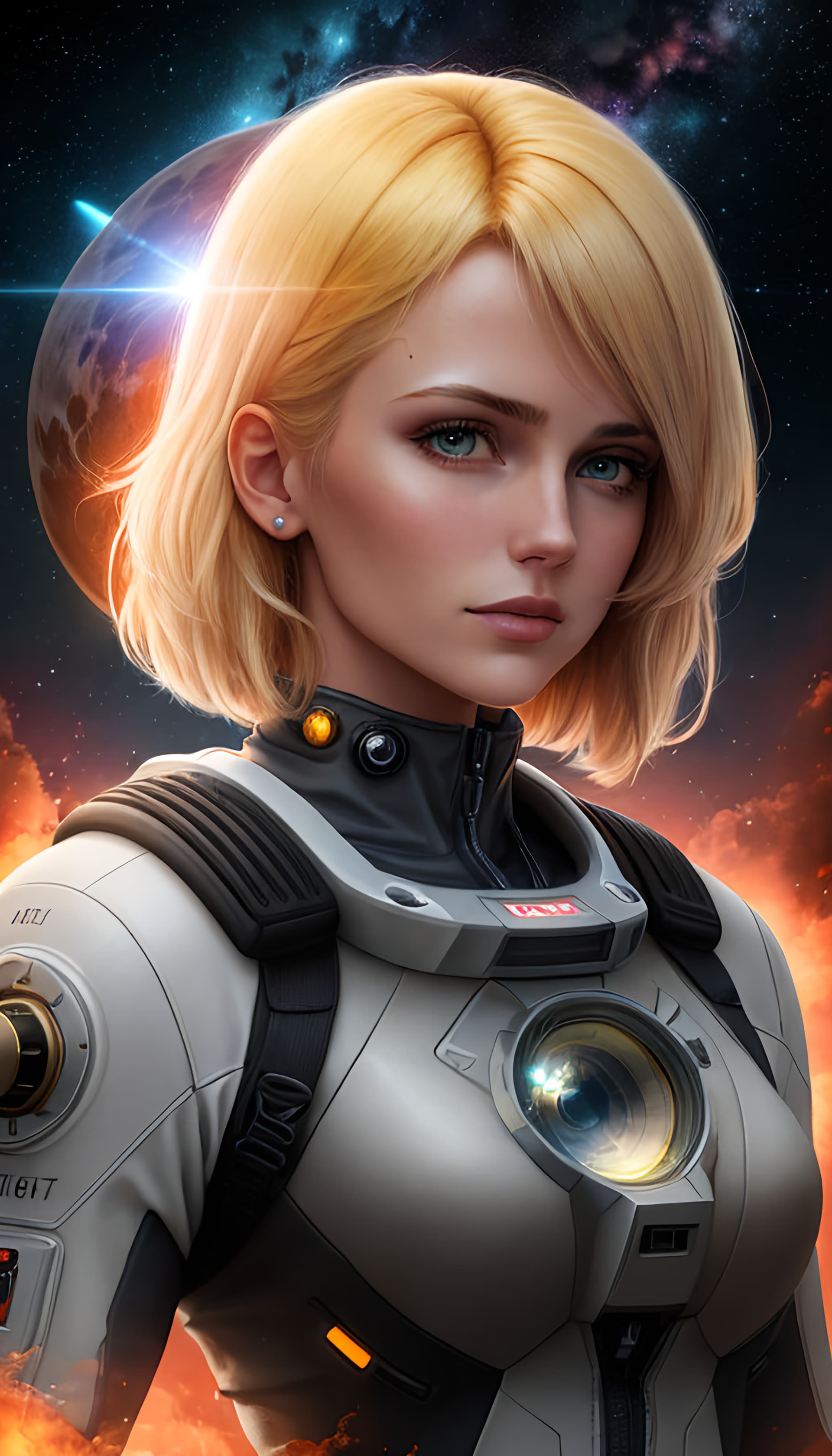 AI generated: A scifi starfield style poster of of a female with short blond straight hair, with tilted head towar...